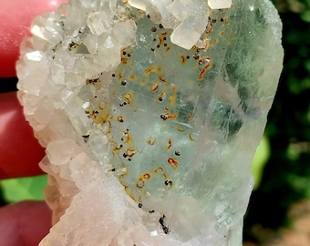 UV Reactive RARE Clear Columnar Calcite on Mint Green Fluorite Specimen. Fujian, China. Calcite Specimen. Columnar Calcite. Hexagon Calcite.