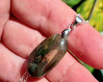 Lovely Mixed Green Lodolite Garden Quartz S925 Pendant and Necklace. Phantom Quartz. Ghost Quartz. Fairy Quartz. Lodolite Jewelry.