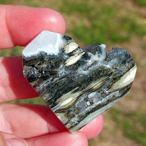 May include: Heart-shaped stone with a unique pattern of black, white, and tan colors. The stone has a smooth, polished surface and a small notch at the top. The heart is held in a hand against a blurred green background.