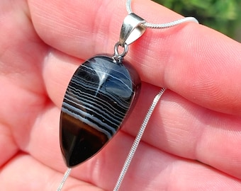 Black Onyx Pendulum Pendant and S925 Necklace. Black Onyx. Black Onyx Necklace. Banded Onyx Necklace. Crystal Necklace. Banded Onyx.