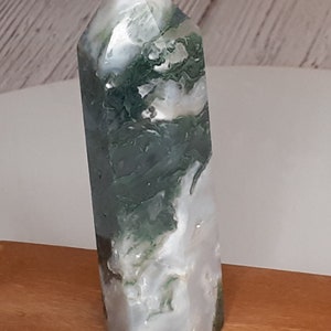 May include: A green and white agate crystal point, also known as a green moss agate, with a pointed tip and a smooth, polished surface.