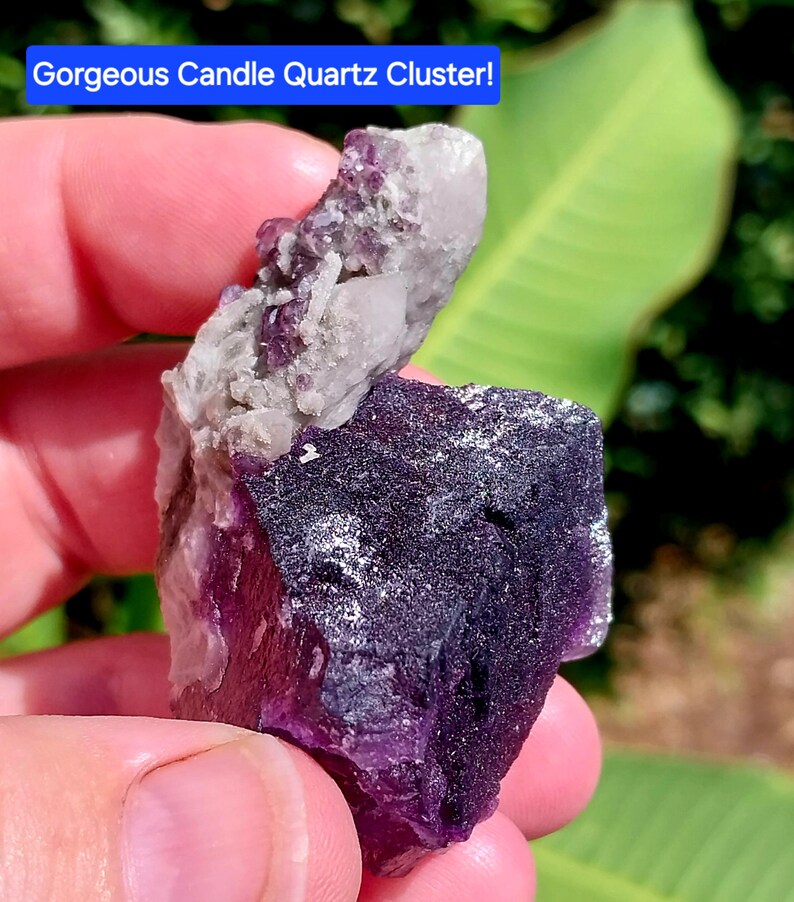 May include: A purple fluorite cluster with a clear quartz crystal on top. The fluorite is a deep purple color and has a rough, natural texture. The quartz crystal is clear and has a smooth, polished surface. The cluster is about 2 inches tall and 1 inch wide.