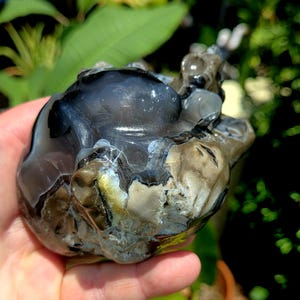 May include: A polished, natural stone with a mix of colors including black, gray, and tan. The stone has a smooth, glossy surface with intricate patterns and textures. The overall shape is organic and irregular, showcasing the natural beauty of the material.