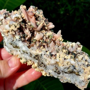 Astonishing Rainbow Chalcopyrite on Red Dogtooth Calcite Specimen! Chalcopyrite Calcite Specimen. Pyrite Specimen. Dogtooth Calcite.