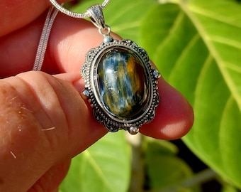 Gorgeous Pietersite Inlay S925 Pendant Necklace! Pietersite Necklace! Namibian Pietersite. Blue and Gold Pietersite. Pietersite Jewelry.