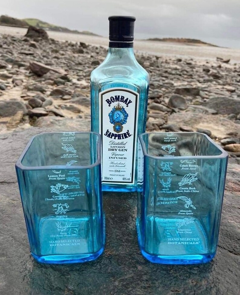 Upcycled Bombay Sapphire Gin Glasses, Gin Glasses, Recycled Glassware