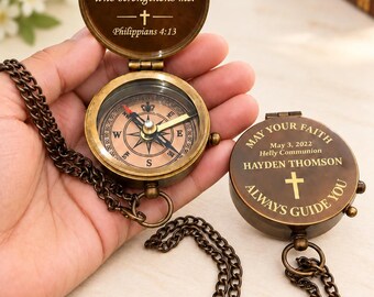 Personalized Religious Compass, Engraved Bible Verse Compass for Christmas, Baptism, Confirmation & First Communion, Christian Gift for Dad