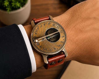 Handmade Brass Sundial Wrist Watch | Vintage Steampunk Compass Timepiece | Unique Anniversary Keepsake Gift for Him , Gift for Husband.