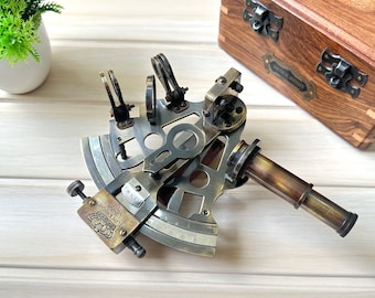 Nautical Brass Working Sextant, Antique Maritime Navigational Instrument With Wooden box, Astrolabe Ships Instrument, anniversary gifts.