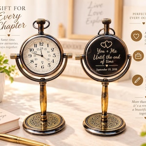May include: Two antique-style brass-colored desk clocks on stands. One clock face features black numerals and hands. The other clock back is engraved with two hearts and the text: You + Me Until the end of time September 19, 2018.