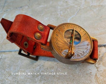 Reloj de pulsera steampunk de latón con brújula y reloj de sol – Reloj náutico vintage hecho a mano, regalo único para el esposo, reloj de aventura coleccionable.