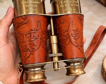 Personalized Engraved Vintage Brass Marine Binoculars, 5X Magnification Nautical Spyglass with Leather Case, Gift for Husband or Dad