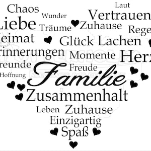 以下が含まれることがあります： 黒と白のワードアートプリントで、「Familie」という単語が大きく、筆記体で書かれています。単語は、「Liebe」、「Glück」、「Freunde」、「Hoffnung」、「Zusammenhalt」、「Spaß」など、ドイツ語で書かれた小さな単語で囲まれています。