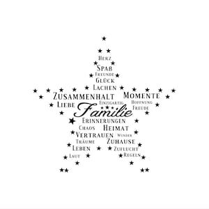 Könnte beinhalten: Schwarz-weißes Grafikdesign eines Sterns mit dem Wort "Familie" in der Mitte und Wörtern wie "Liebe", "Freude", "Heimat" und "Zusammen" drumherum.