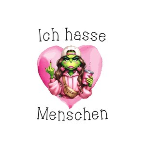 May include: A green cartoon character with pink accents, wearing a pink hoodie, a pink baseball cap, and a pink crossbody bag, is giving the middle finger. The character is holding a pink drink with a straw. The background is a pink heart with the text "Ich hasse Menschen" in black.