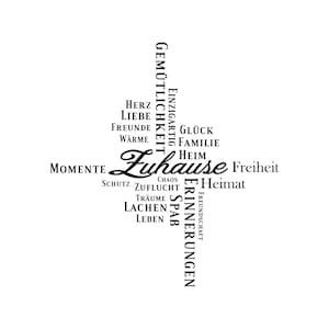 Könnte beinhalten: Schwarz-weiße Wortwolke mit dem Wort "Zuhause" in der Mitte. Die Wortwolke enthält Wörter wie "Heimat", "Familie", "Liebe", "Freude" und "Frieden".