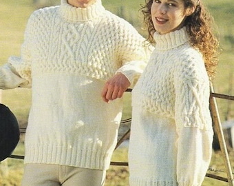 vintage womens mens aran sweater KNITTING PATTERN pdf ladies cable jumper 30-44 inch chest Aran / Worsted / 10ply yarn pdf instant download