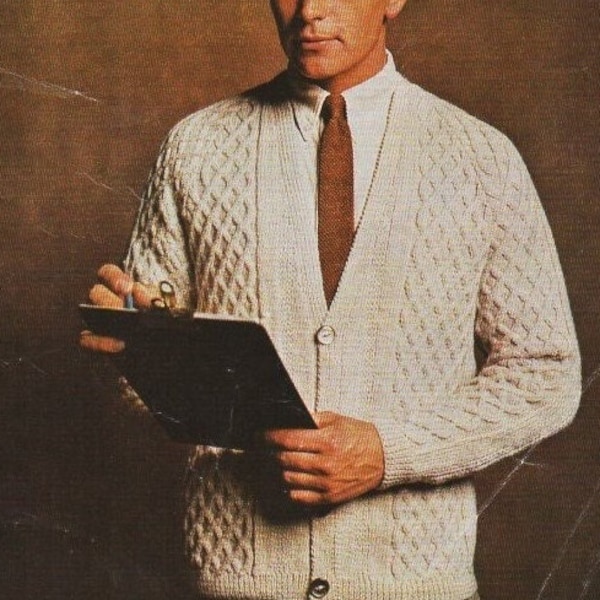 vintage mens aran cardigan KNITTING PATTERN pdf download mans cable v neck jacket 38-44 inch DK / Lt. Worsted / 8ply yarn