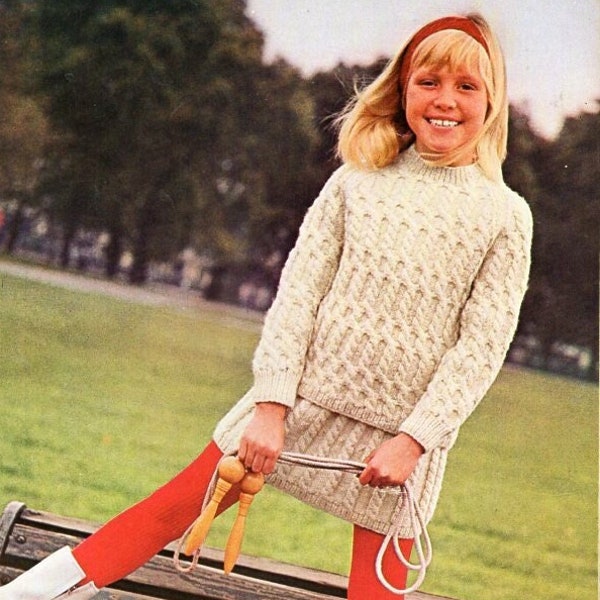 vintage girls aran sweater skirt KNITTING PATTERN pdf childrens cable jumper 24-30 inch Aran / Worsted / 10ply yarn pdf instant download