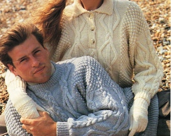 vintage womens mens aran sweater KNITTING PATTERN pdf download crew neck or collar cable jumper 30-44 inch Aran / Worsted / 10ply yarn