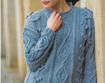 womens aran sweater KNITTING PATTERN pdf download ladies roll neck cable bobble jumper 30-44 inch Aran / Worsted / 10ply yarn