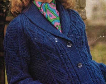 vintage womens shawl collar aran cardigan KNITTING PATTERN pdf download ladies cable jacket 32-40 inch Aran / Worsted / 10ply yarn