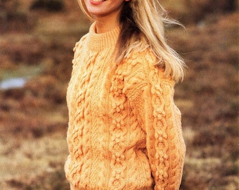 womens aran sweater KNITTING PATTERN pdf download ladies round neck cable jumper 32-42 inch Aran / Worsted / 10ply yarn
