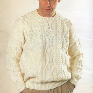 vintage mens aran sweater KNITTING PATTERN pdf mans crew neck traditional cable jumper 36-46inch Aran / Worsted /10ply yarn instant download