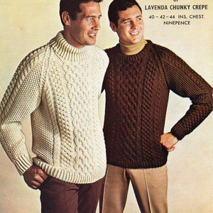vintage mens aran sweater KNITTING PATTERN pdf mans round / polo neck cable jumper 40-44 inch Chunky / Bulky / 12ply yarn instant download