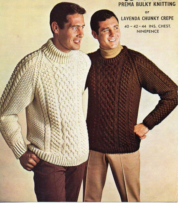 vintage mens aran sweater KNITTING PATTERN pdf mans round polo neck cable  jumper 40-44 inch Chunky Bulky 12ply yarn instant download