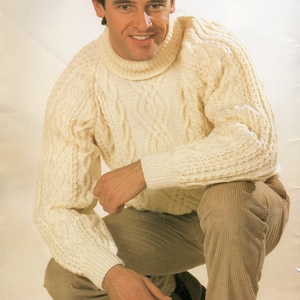 vintage mens aran sweater KNITTING PATTERN pdf mans polo neck traditional cable jumper 36-46inch Aran / Worsted /10ply yarn instant download