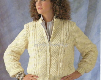 vintage womens aran cardigan KNITTING PATTERN pdf download ladies cable round neck jacket 32-42 inch chest DK / Light Worsted / 8ply yarn