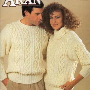 vintage womens mens aran sweater KNITTING PATTERN pdf cable jumper lady 30-40&quot; man 36-46&quot; Aran / Worsted / 10ply yarn pdf instant download