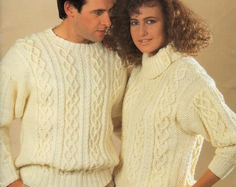 vintage womens mens aran sweater KNITTING PATTERN pdf cable jumper lady 30-40" man 36-46" Aran / Worsted / 10ply yarn pdf instant download