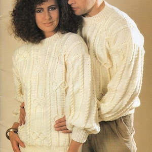 vintage womens mens aran sweater KNITTING PATTERN pdf cable jumper lady 30-40&quot; man 36-46&quot; Aran / Worsted / 10ply yarn pdf instant download