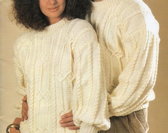 vintage womens mens aran sweater KNITTING PATTERN pdf cable jumper lady 30-40" man 36-46" Aran / Worsted / 10ply yarn pdf instant download