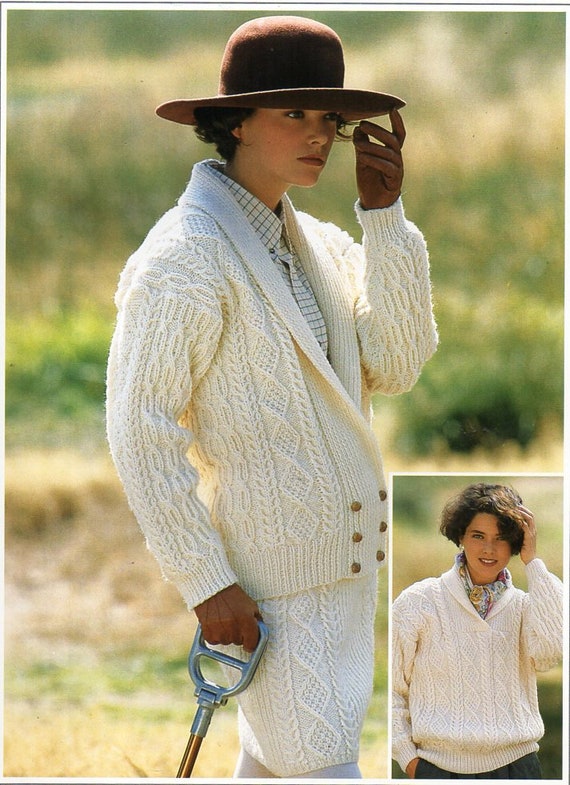 Womens Shawl Collar Aran Cardigan Sweater KNITTING PATTERN Pdf