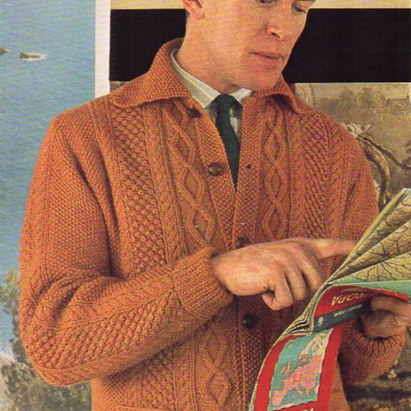 vintage mens aran cardigan KNITTING PATTERN pdf mans cable jacket with collar 36-44 inch DK / Lt. Worsted / 8ply yarn pdf instant download