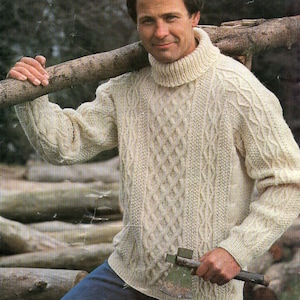 vintage mens aran sweater KNITTING PATTERN pdf mans polo neck traditional cable jumper 36-46inch Aran / Worsted /10ply yarn instant download