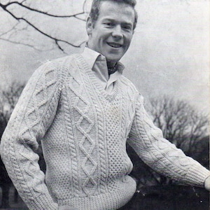 vintage mens aran sweater KNITTING PATTERN pdf mans v neck traditional cable jumper 34-40 inch Aran / Worsted / 10ply yarn instant download