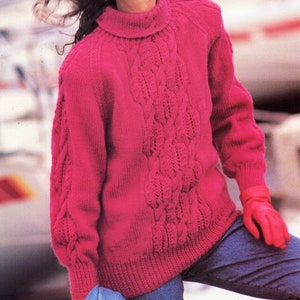 womens aran sweater KNITTING PATTERN pdf download ladies round neck cable jumper 32-42 inch Aran / Worsted / 10ply yarn
