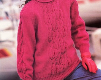 womens aran sweater KNITTING PATTERN pdf download ladies round neck cable jumper 32-42 inch Aran / Worsted / 10ply yarn