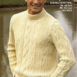 vintage mens aran sweater KNITTING PATTERN pdf mans crew neck cable jumper 34-44 inch DK / Lt. Worsted / 8ply yarn pdf instant download