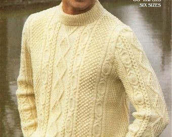 vintage mens aran sweater KNITTING PATTERN pdf mans crew neck cable jumper 34-44 inch DK / Lt. Worsted / 8ply yarn pdf instant download