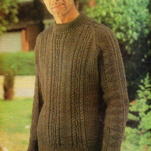 vintage mens aran sweater KNITTING PATTERN pdf download mans crew neck cable jumper 38-46 inch DK , Aran or Chunky yarn