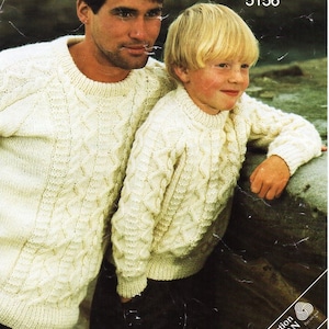vintage mens aran sweater KNITTING PATTERN pdf download mans boys crew neck cable jumper 24-46 inch Aran / Worsted / 10ply yarn