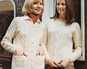 vintage womens aran cardigan KNITTING PATTERN pdf download ladies cable jacket collar / round neck 32-40inch Aran / Worsted / 10ply yarn