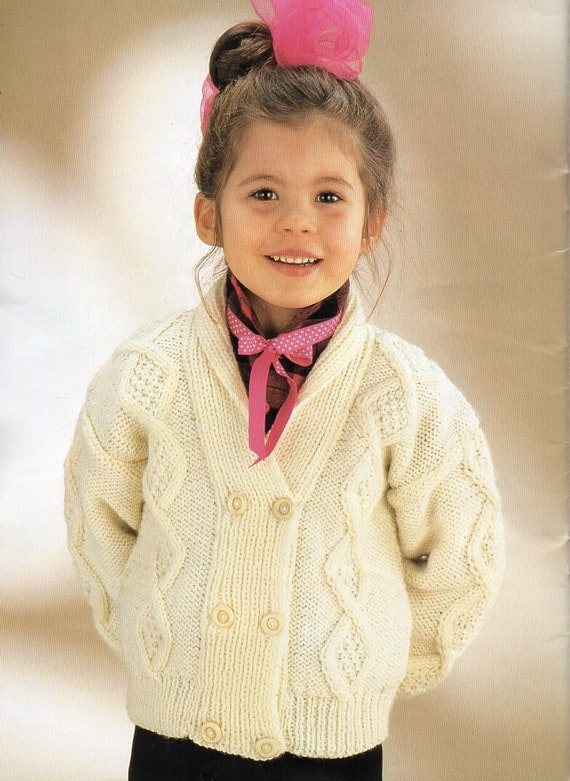 Vintage Childrens Aran Cardigan KNITTING PATTERN Pdf Shawl Collar