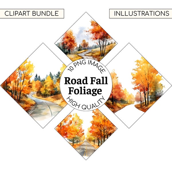 Road Fall Foliage illustration, 10 High Quality Image, Fall Foliage Illustrations, Instant Download, High Quality Watercolor JPGs