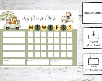 Safari themed download Reward Chart, boy, toddler, kids sticker reward chart, adaptable reward chart, cute reward chart, A4 reward chart